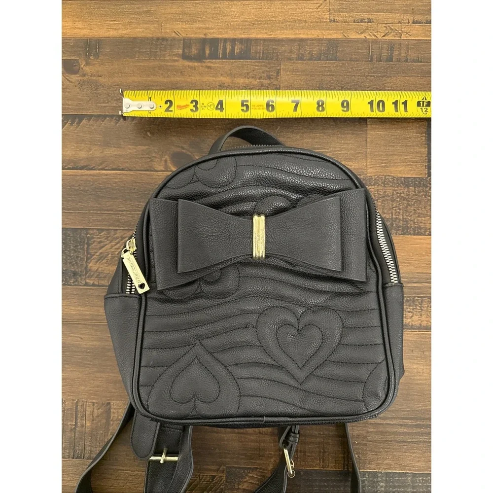 Betsey Johnson Black Quilted Heart Bow Mini Backpack Purse Gold Accents